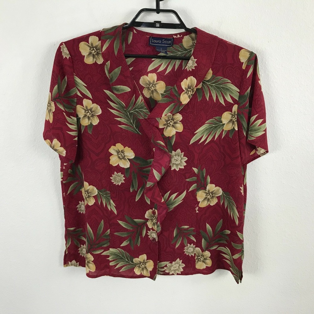 Laura Scott Hawaiian Shirt Size L Red Ruffled Polyester Floral Short Sleeve